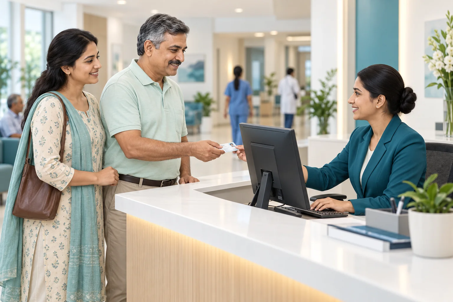 Illustration of a patient and attendant registering at a hospital reception