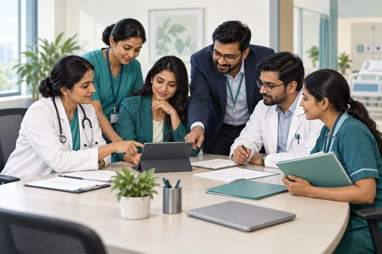 Illustration of a hospital team rehearsing a shared patient workflow